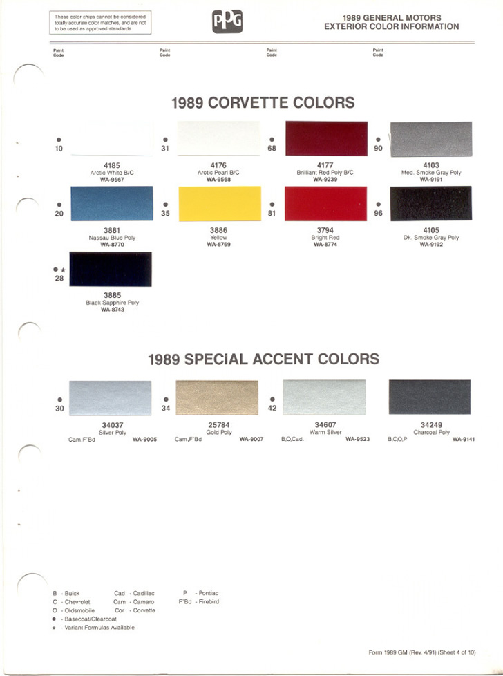 1989 Corvette Paint Color Chips from PPG