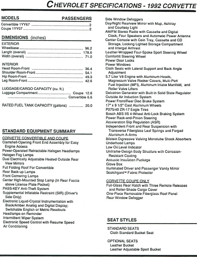 1992 Corvette Ordering Information