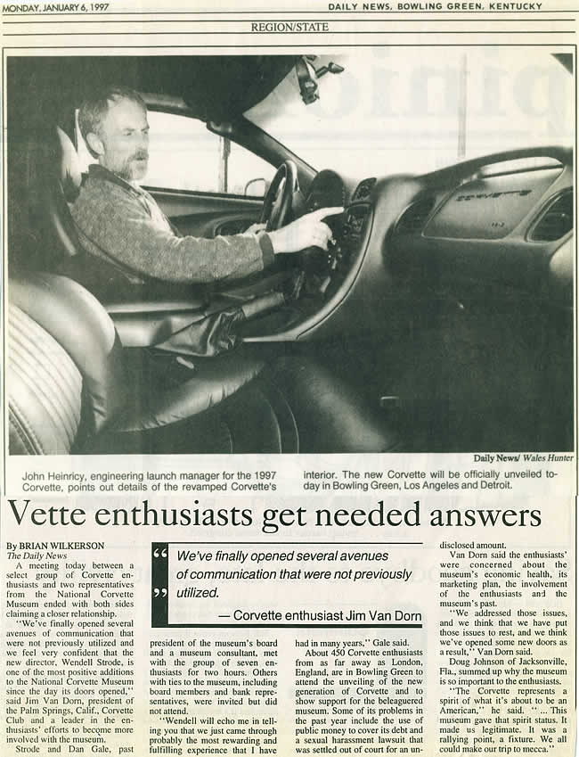 The following article on the 1997 Corvette appeared in the Daily News, Bowling Green, Kentucky, Monday, January 6, 1997.