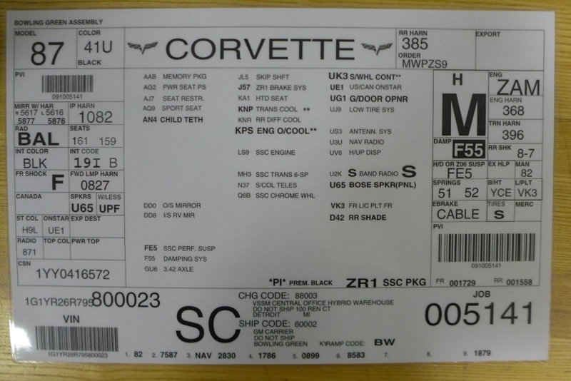 2009 Corvette ZR1 - Number 23 - Build Sheet