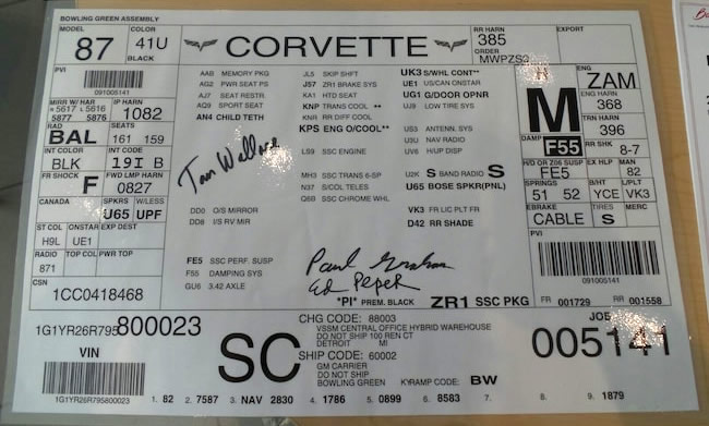 2009 Corvette ZR1 - Number 23 - Build Sheet