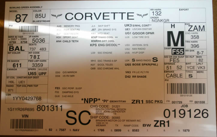 2009 Corvette ZR1 #1311 Build Sheet