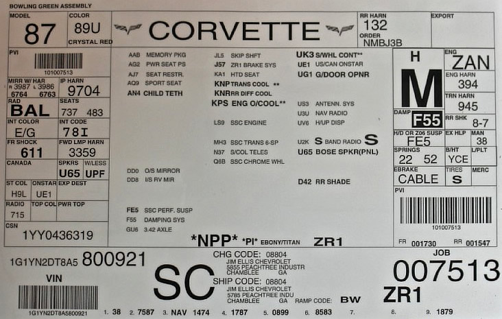 2010 Corvette ZR1 #921 - Build Sheet