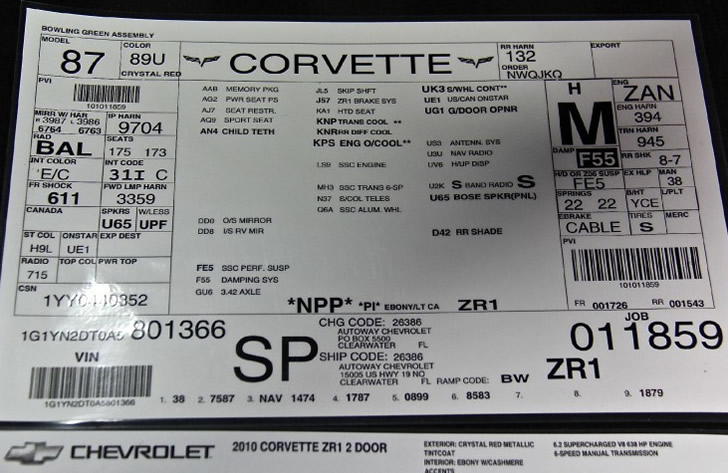 2010 Corvette ZR1 #1366 Build Sheet