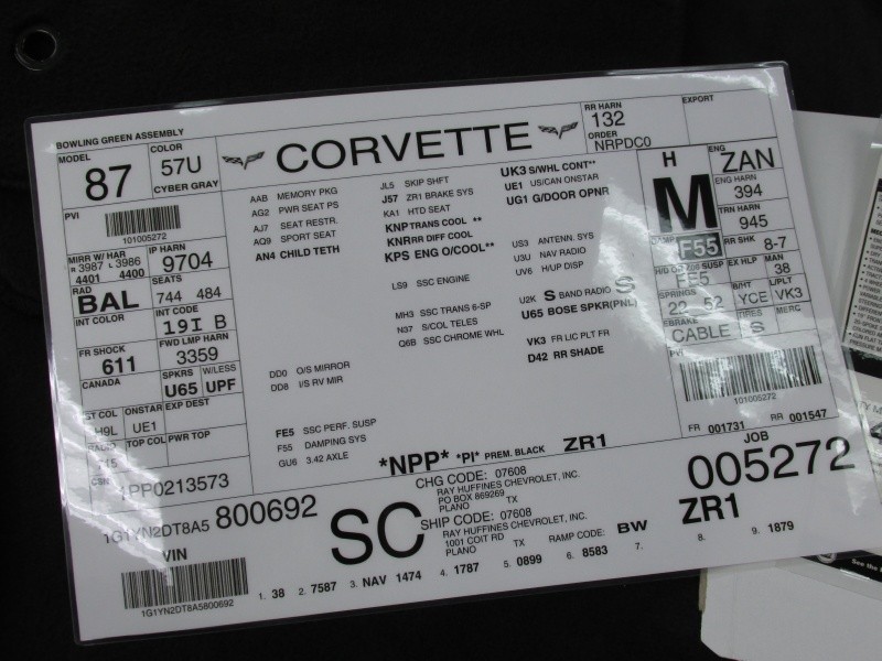2010 Corvette ZR1 #692 Build Sheet