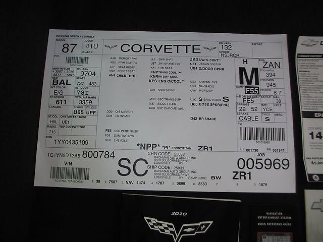 2010 Corvette ZR1 #784 Build Sheet