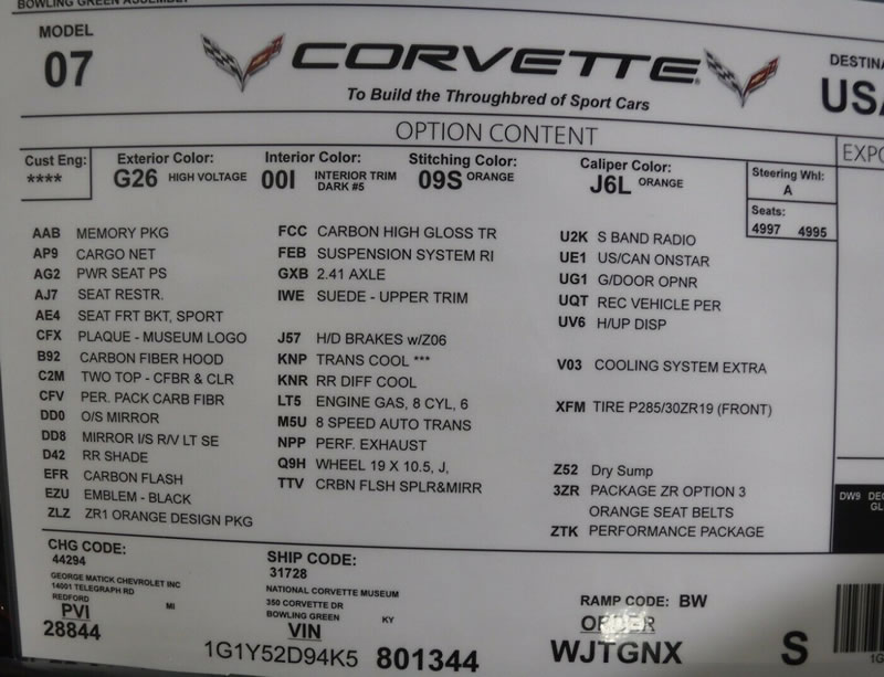 2019 Corvette ZR1 - Number 1344 - Build Sheet
