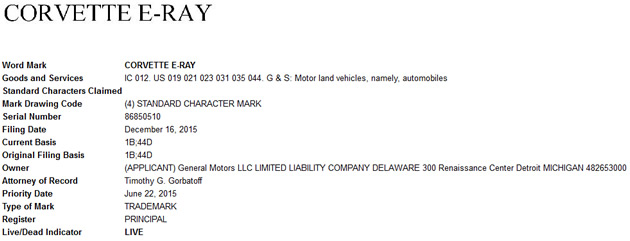 Corvette E-Ray trademark from the United States Patent and Trademark Office.