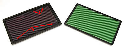 Side by side comparison of the panel filter for 90-96 C4. Right is K&N. Left is Green Filter. The white arrows point to the areas of the K&N where rubber has flowed out onto the filter surface.Image: Author.