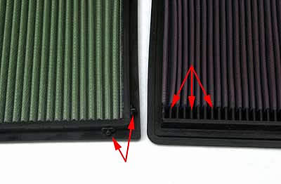 The arrows point at the trimmable "nubs" on the green filter (left) and point to the rubber spill-over problem the K&N (right) has. Image: Author.