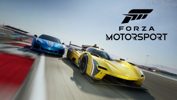 Cover art for Forza Motorsport, featuring a 2023 Cadillac V-Series.R and a 2024 Chevrolet Corvette E-Ray driving side-by-side on a track.