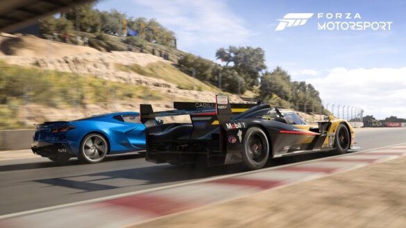 Rear 3/4 view of a 2023 Cadillac V-Series.R and a 2024 Chevrolet Corvette E-Ray driving side-by-side on a track in Forza Motorsport.